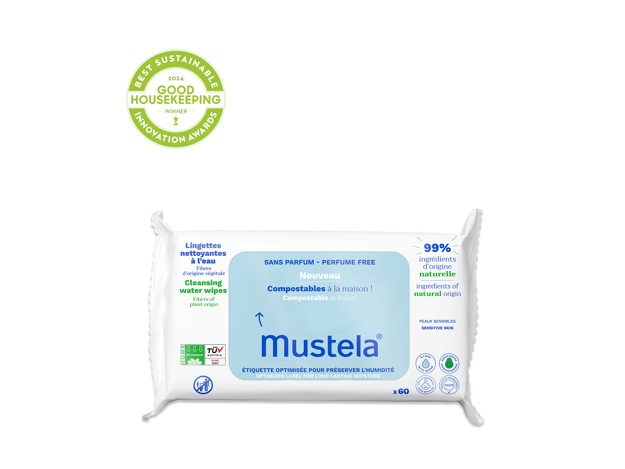 Mustela Home Compostable Wipes Perfume Free with water