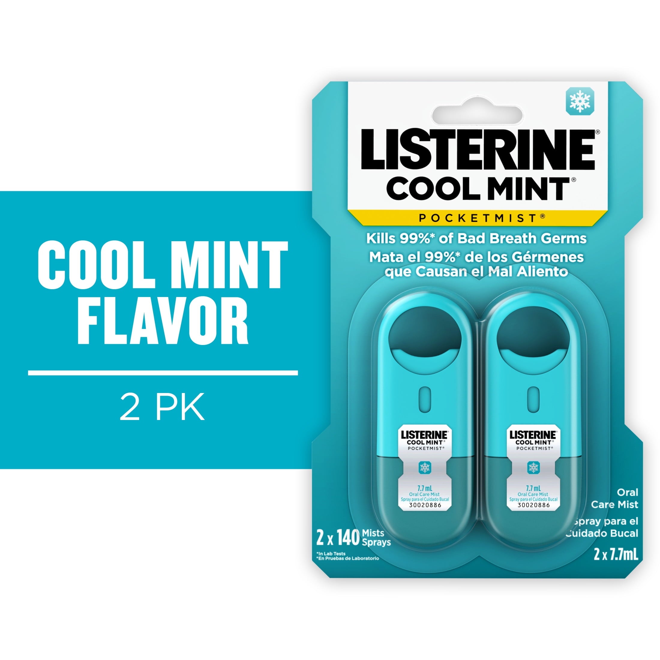 Listerine Pocketmist Cool Mint Oral Care Mist, Bad Breath Spray Strips, 2 x 7.7 ml